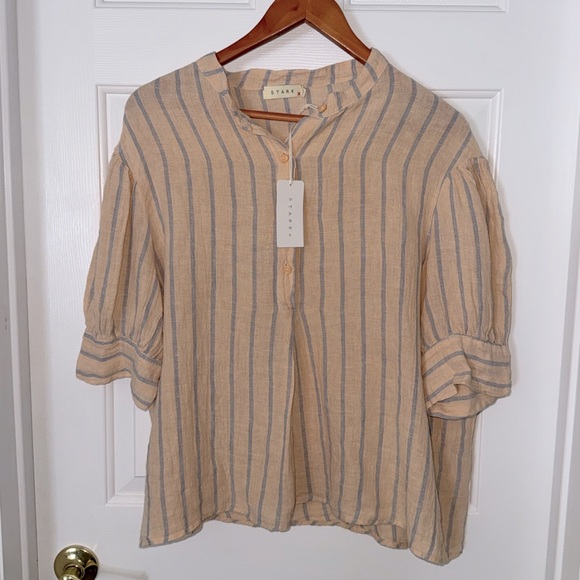 Stark X vintage beige blue striped 100% linen Joey top/ankle pant set M/XL - Picture 4 of 10